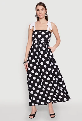 Womens Tie Shoulder Polka Dot Maxi Dress, Black, Size S