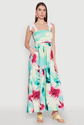 Womens Tie Strap Smocked Floral Print Dress, Multi,