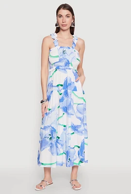 Womens Floral Square Neck Tiered Midi Dress, Blue, Size M