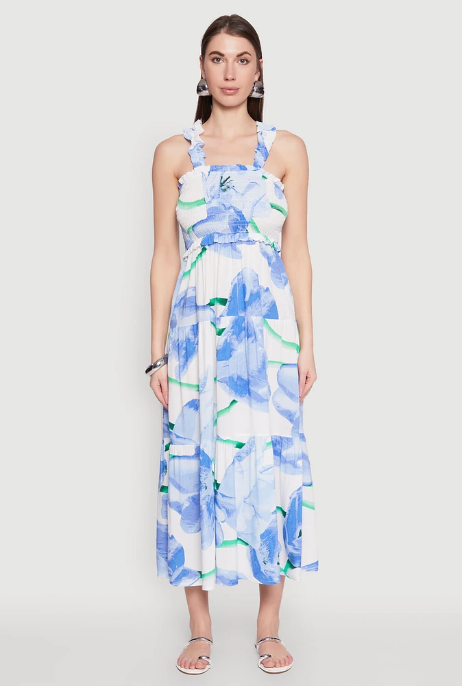 Womens Floral Square Neck Tiered Midi Dress, Blue,