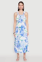 Womens Floral Square Neck Tiered Midi Dress, Blue, Size L