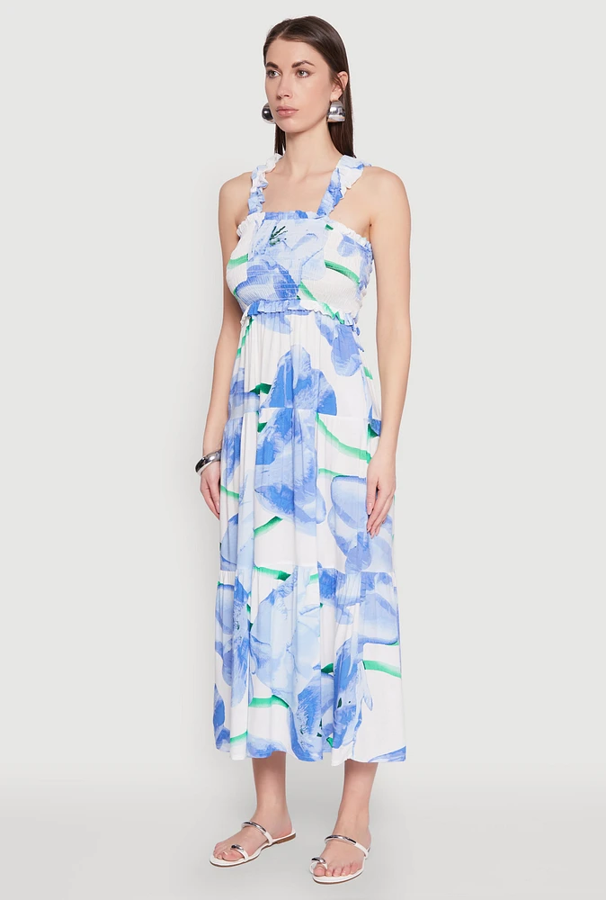 Womens Floral Square Neck Tiered Midi Dress, Blue,