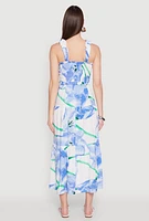 Womens Floral Square Neck Tiered Midi Dress, Blue, Size L