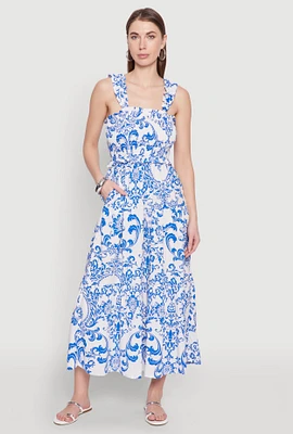 Womens Ruffle Strap Printed Smocked Sundress, Blue,