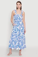 Womens Ruffle Strap Printed Smocked Sundress, Blue,