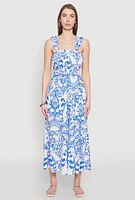 Womens Ruffle Strap Printed Smocked Sundress, Blue, Size S