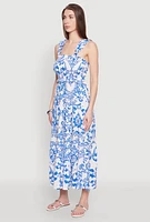 Womens Ruffle Strap Printed Smocked Sundress, Blue,