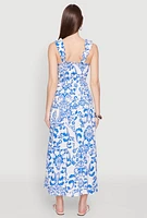 Womens Ruffle Strap Printed Smocked Sundress, Blue,