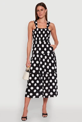 Womens Ruffle Strap Smocked Polka Dot Dress, Black, Size S