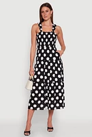 Womens Ruffle Strap Smocked Polka Dot Dress, Black, Size S