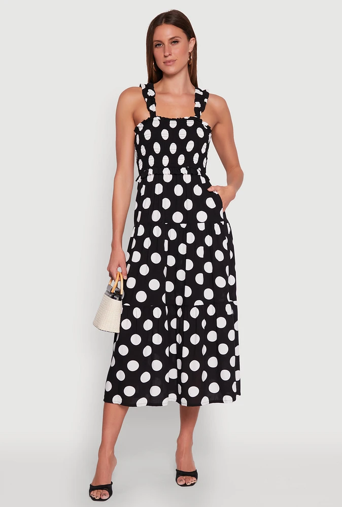Womens Ruffle Strap Smocked Polka Dot Dress, Black, Size S