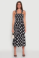 Womens Ruffle Strap Smocked Polka Dot Dress, Black, Size S