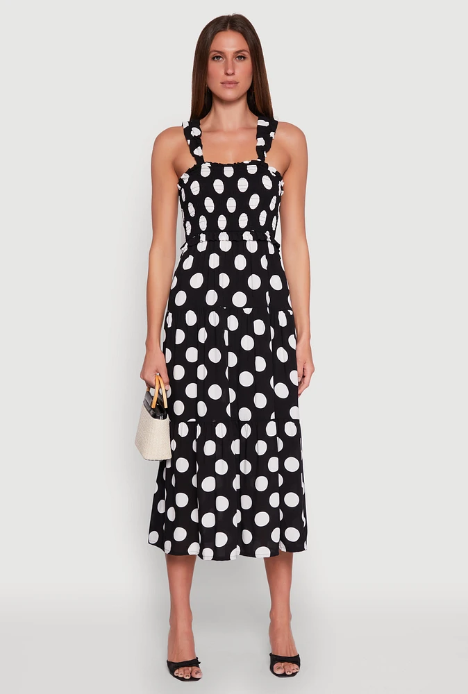 Womens Ruffle Strap Smocked Polka Dot Dress, Black, Size XL