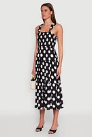 Womens Ruffle Strap Smocked Polka Dot Dress, Black, Size S