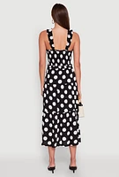Womens Ruffle Strap Smocked Polka Dot Dress, Black, Size S