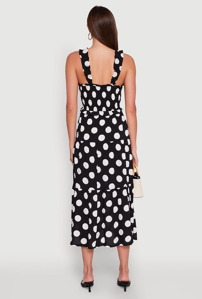 Womens Ruffle Strap Smocked Polka Dot Dress, Black, Size XL