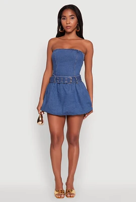 Womens Trendy Denim Skater Dress with Belt and Grommets, Blue, Size S