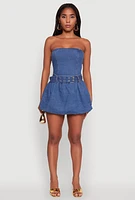 Womens Trendy Denim Skater Dress with Belt and Grommets, Blue, Size S