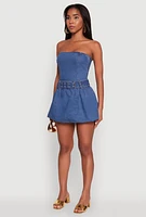 Womens Trendy Denim Skater Dress with Belt and Grommets, Blue, Size S