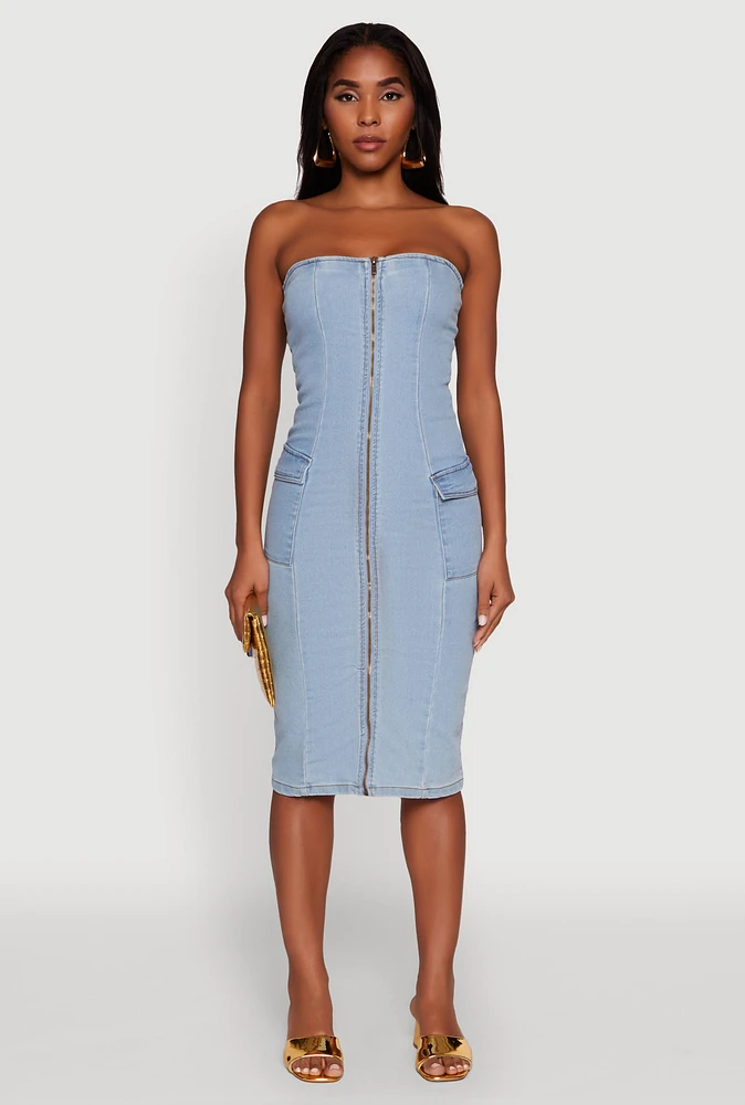 Womens Chic Zip Front Cargo Denim Tube Dress, Blue, Size S