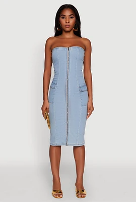 Womens Chic Zip Front Cargo Denim Tube Dress, Blue, Size S