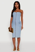 Womens Chic Zip Front Cargo Denim Tube Dress, Blue, Size S