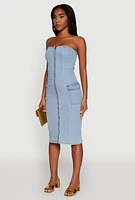 Womens Chic Zip Front Cargo Denim Tube Dress, Blue, Size S