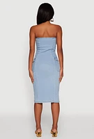 Womens Chic Zip Front Cargo Denim Tube Dress, Blue, Size S