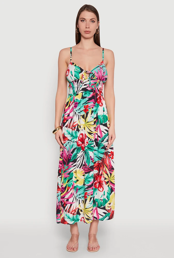 Womens Leaf Print Sleeveless Empire Waist Dress, Multi, Size L