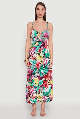 Womens Leaf Print Sleeveless Empire Waist Dress, Multi, Size L