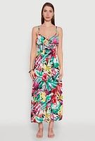 Womens Leaf Print Sleeveless Empire Waist Dress, Multi, Size L