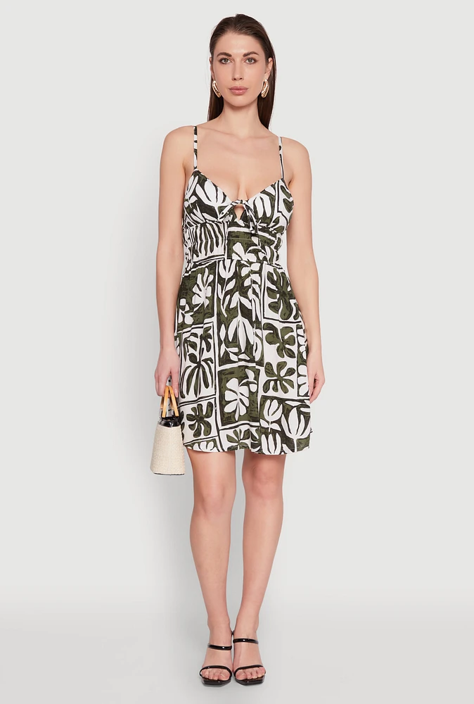 Womens Leaf Print Tie Front Mini Dress, Multi,