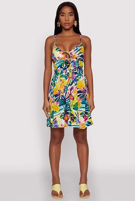 Womens Leaf Print Empire Waist Mini Dress, Multi, Size S