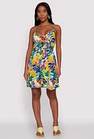 Womens Leaf Print Empire Waist Mini Dress, Multi, Size S