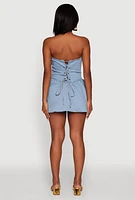 Womens Trendy Lace Up Back Denim Sleeveless Skater Dress, Blue, Size L