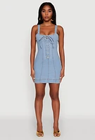 Womens Trendy Square Neck Pintuck Detail Denim Dress, Blue, Size S