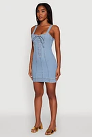 Womens Trendy Square Neck Pintuck Detail Denim Dress, Blue, Size S