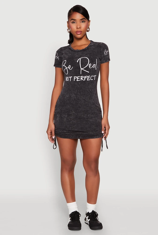 Womens Mineral Wash Be Real Not Perfect T Shirt Dress, Black, Size XL