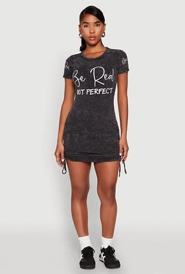 Womens Mineral Wash Be Real Not Perfect T Shirt Dress, Black, Size XL