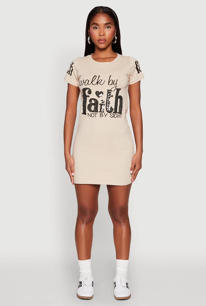 Womens Sequin Walk By Faith Not By Sight T Shirt Dress, Beige, Size XL