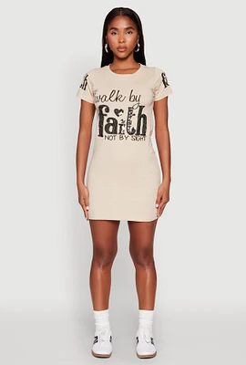 Womens Sequin Walk By Faith Not By Sight T Shirt Dress, Beige, Size XL