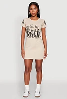 Womens Sequin Walk By Faith Not By Sight T Shirt Dress, Beige, Size XL