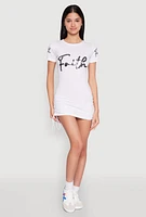 Womens Faith Sequin Ruched T Shirt Dress, White,