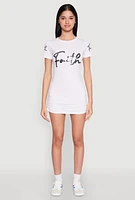 Womens Faith Sequin Ruched T Shirt Dress, White,