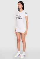 Womens Faith Sequin Ruched T Shirt Dress, White,