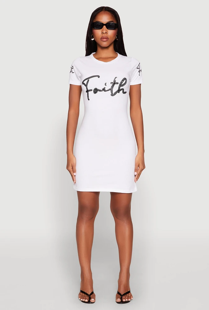 Womens Faith Sequin T Shirt Dress, White,