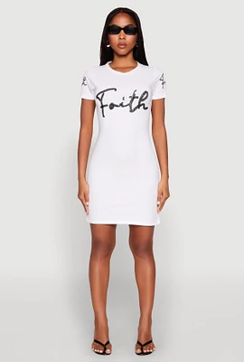Womens Faith Sequin T Shirt Dress, White,