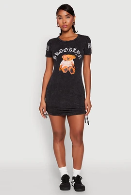 Womens Mineral Wash Brooklyn Bear T Shirt Dress, Black, Size L