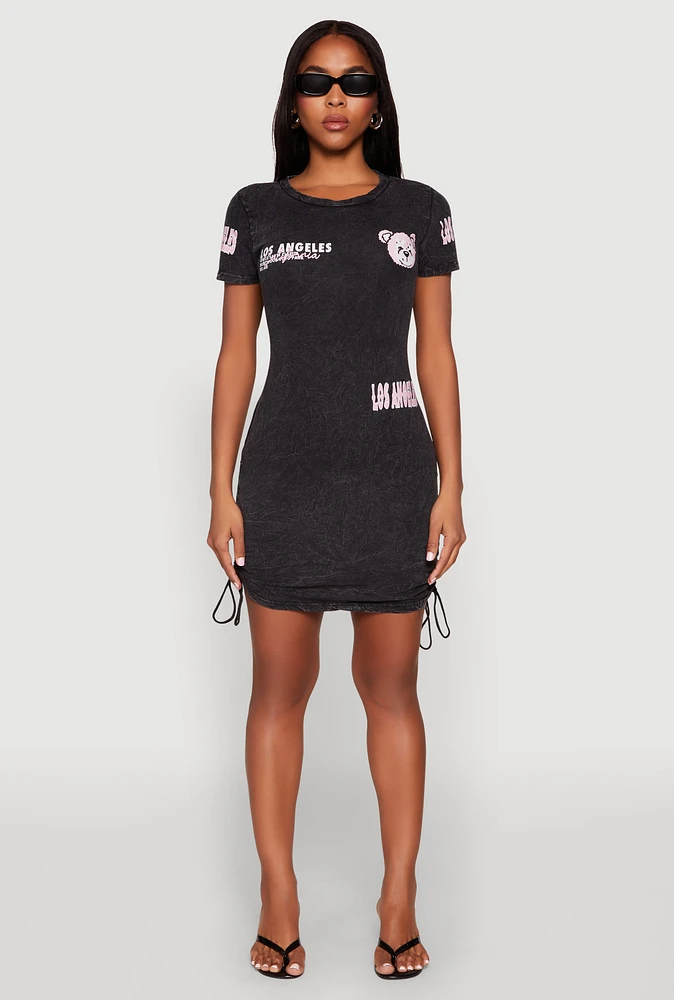 Womens Mineral Wash Los Angeles Graphic Print Dress, Grey, Size S