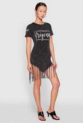 Womens Mineral Wash Im Not Perfect But Im Original Fringe Dress, Grey, Size XL
